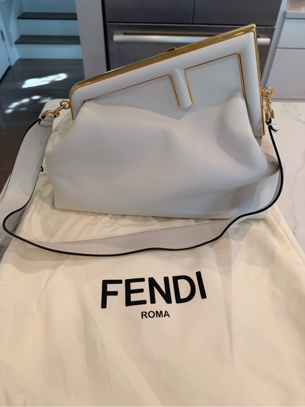Fendi White Leather Shoulder Bag with Gold-Tone Frame